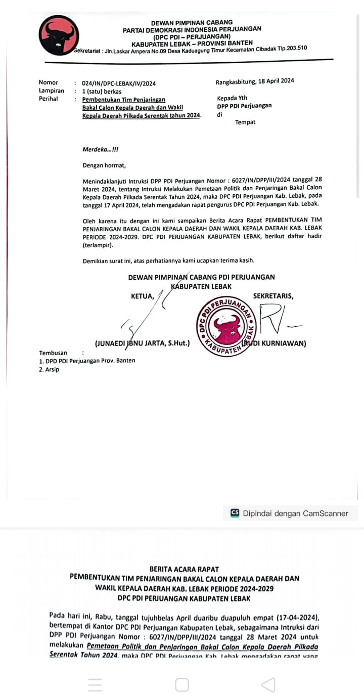 Ketua DPC PDIP Lebak, Junaedi Ibnu Jarta Pimpin Rapat Pleno, Bahas Penjaringan BALON Bupati Lebak, Periode 2024-2029.