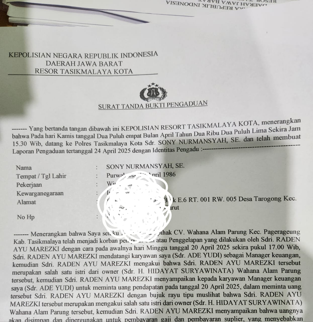 Diduga Lakukan Penipuan, Penggelapan, Raden Ayu Marezki Dipanggil Polres Tasikmalaya Kota